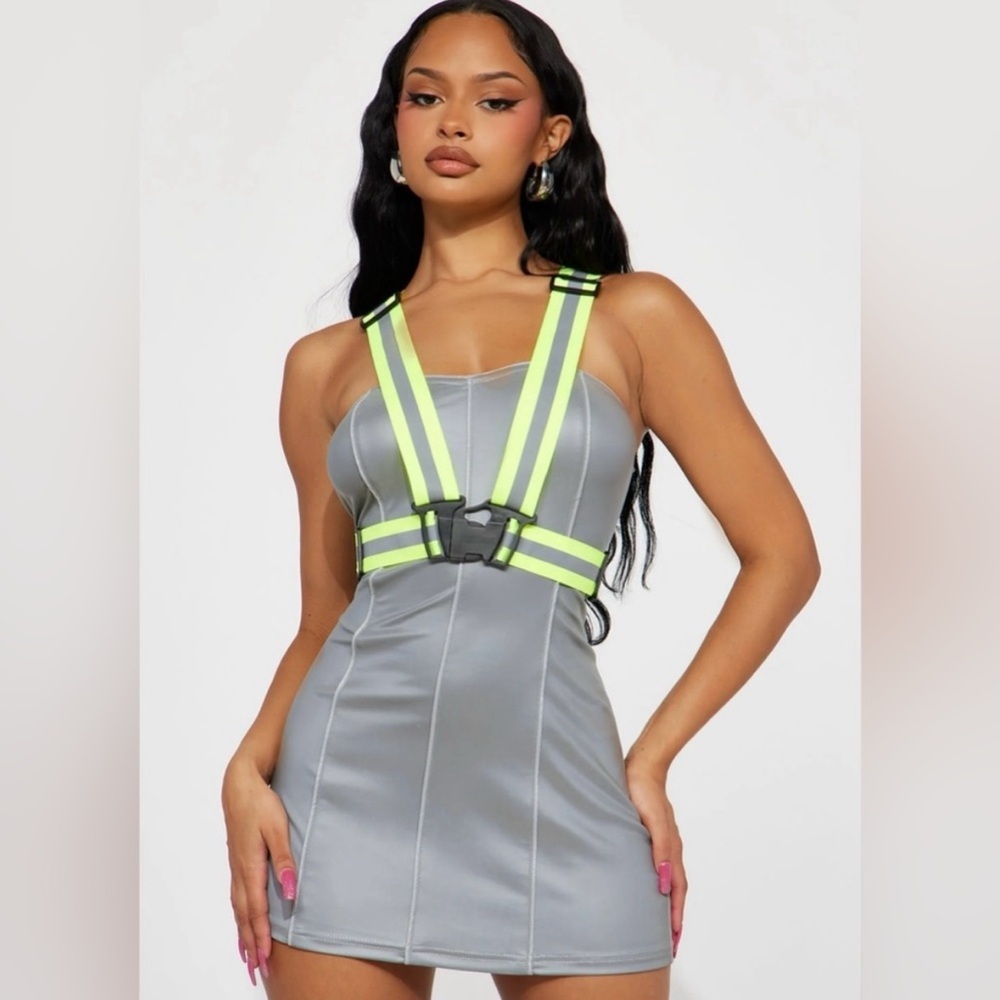 New With Tags Fashion Nova  Nora Reflective Mini Dress - Grey. Size M